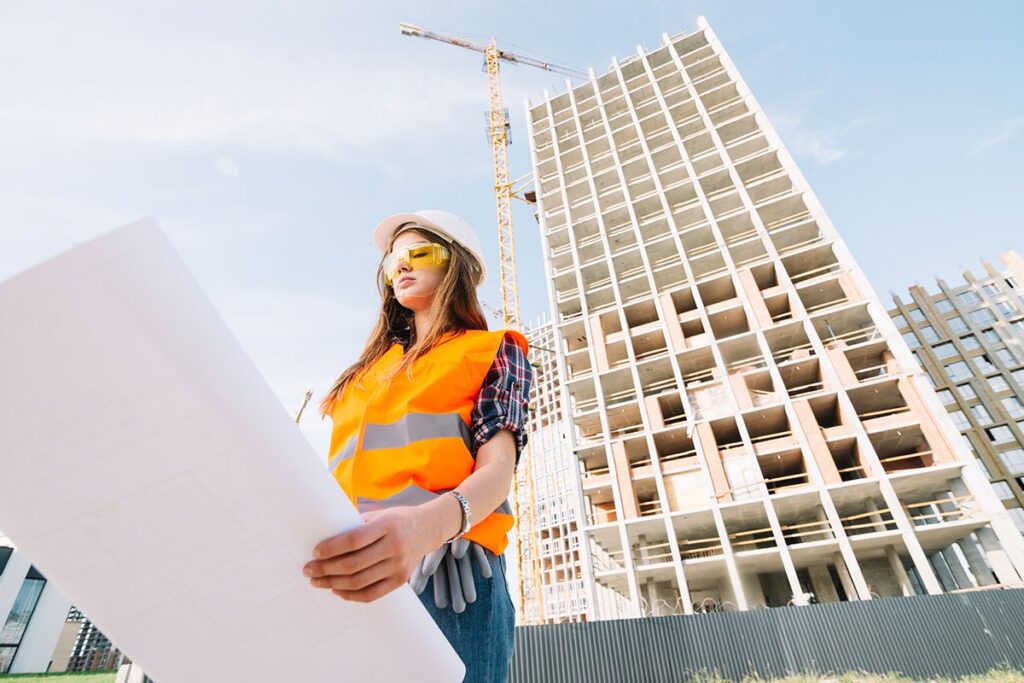 Femme devant immeuble construction