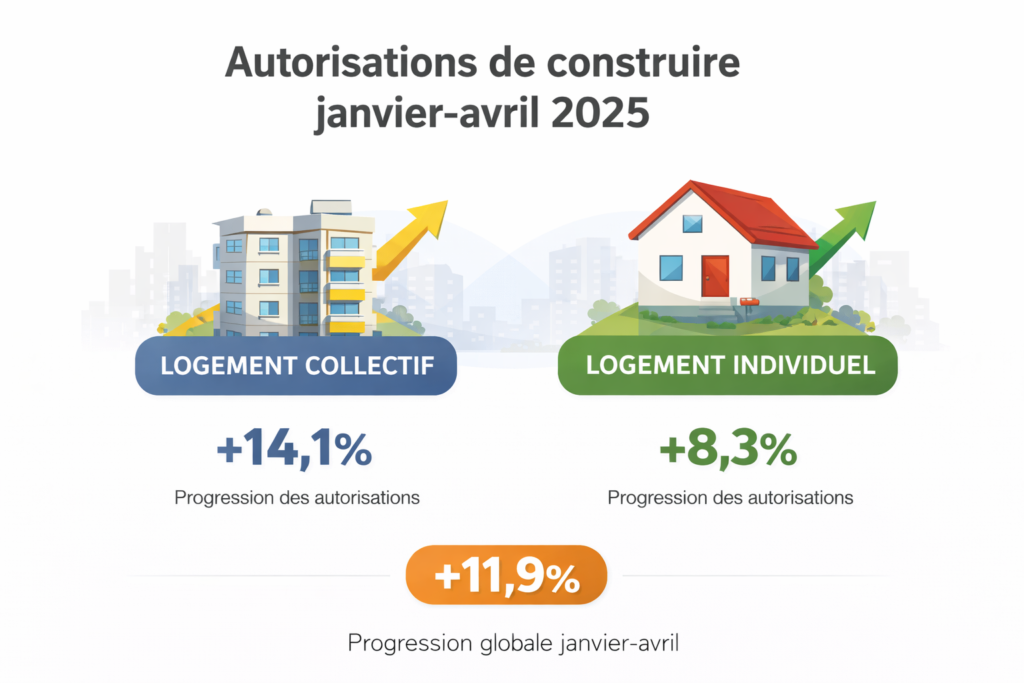 Infographie sur l'évolution des autorisation de construire dans les logements collectifs et les logements individuels entre janvier et avril 2025